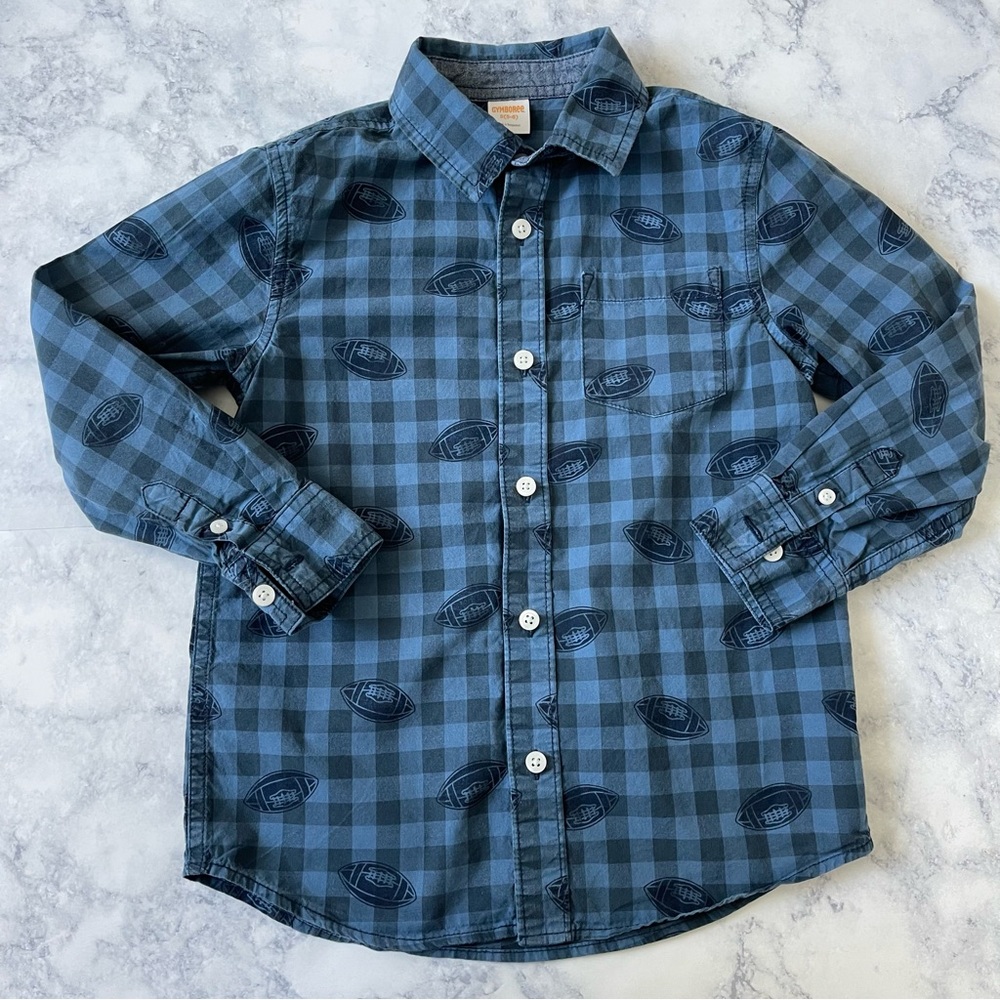 Boys Kids Football Checkered Blue Plaid Button-Up Long Sleeve School Sport Shirt